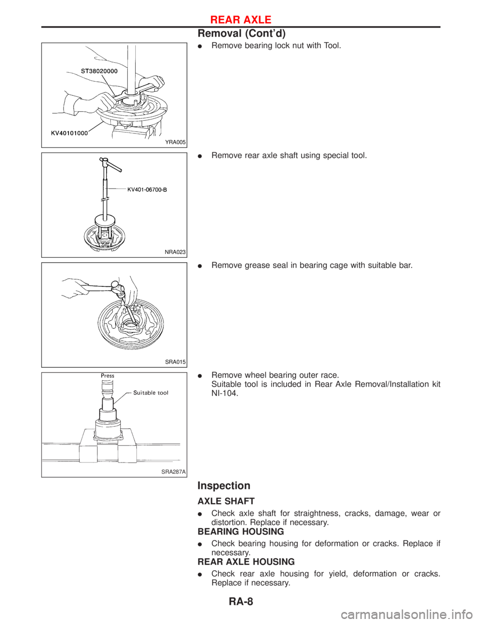 NISSAN TERRANO 2002  Service Repair Manual IRemove bearing lock nut with Tool.
IRemove rear axle shaft using special tool.
IRemove grease seal in bearing cage with suitable bar.
IRemove wheel bearing outer race.
Suitable tool is included in Re