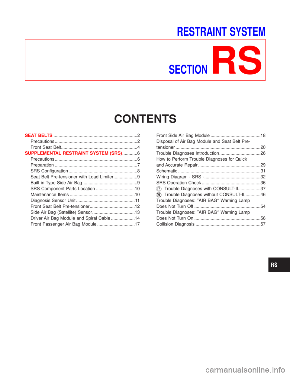 NISSAN TERRANO 2002 Service Repair Manual RESTRAINT SYSTEM
SECTION
RS
CONTENTS
SEAT BELTS...................................................................2
Precautions ..................................................................2
Fron NISSAN TERRANO 2002 Service Repair Manual RESTRAINT SYSTEM
SECTION
RS
CONTENTS
SEAT BELTS...................................................................2
Precautions ..................................................................2
Fron