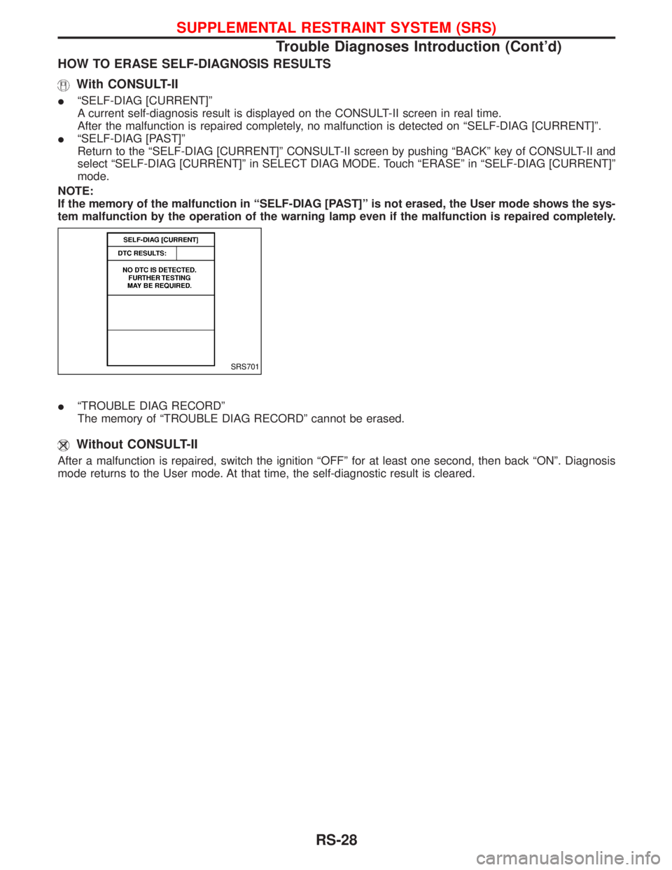 NISSAN TERRANO 2002  Service Repair Manual HOW TO ERASE SELF-DIAGNOSIS RESULTS
With CONSULT-II
IªSELF-DIAG [CURRENT]º
A current self-diagnosis result is displayed on the CONSULT-II screen in real time.
After the malfunction is repaired compl