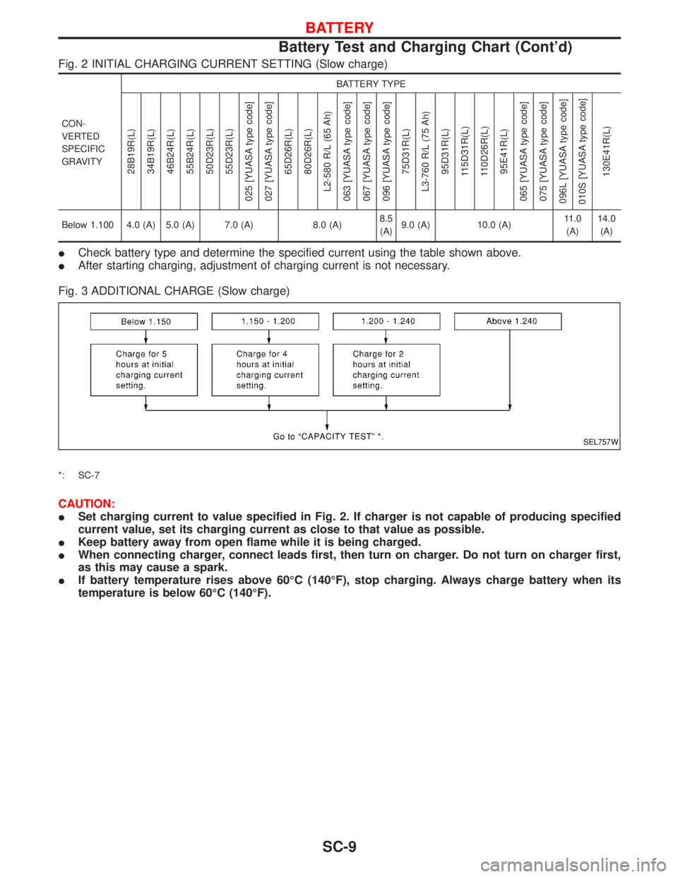 NISSAN TERRANO 2002  Service Repair Manual Fig. 2 INITIAL CHARGING CURRENT SETTING (Slow charge)
CON-
VERTED
SPECIFIC
GRAVITYBATTERY TYPE
28B19R(L)
34B19R(L)
46B24R(L)
55B24R(L)
50D23R(L)
55D23R(L)
025 [YUASA type code]
027 [YUASA type code]
6