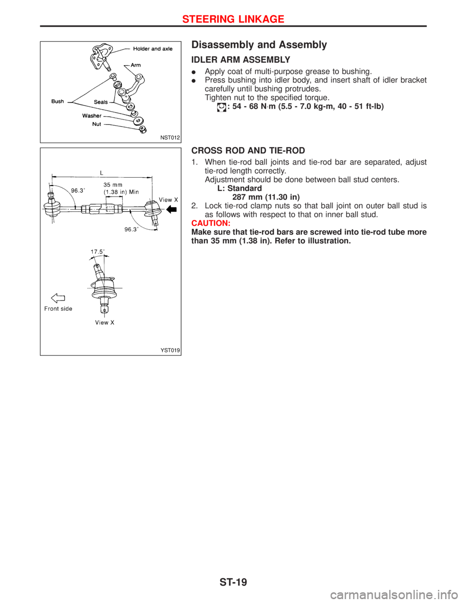NISSAN TERRANO 2002  Service Repair Manual Disassembly and Assembly
IDLER ARM ASSEMBLY
IApply coat of multi-purpose grease to bushing.
IPress bushing into idler body, and insert shaft of idler bracket
carefully until bushing protrudes.
Tighten