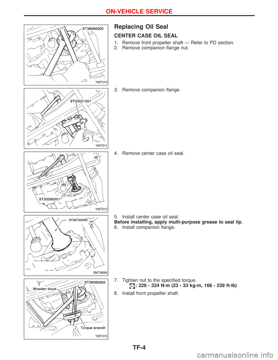NISSAN TERRANO 2002  Service Repair Manual Replacing Oil Seal
CENTER CASE OIL SEAL
1. Remove front propeller shaft Ð Refer to PD section.
2. Remove companion flange nut.
3. Remove companion flange.
4. Remove center case oil seal.
5. Install c