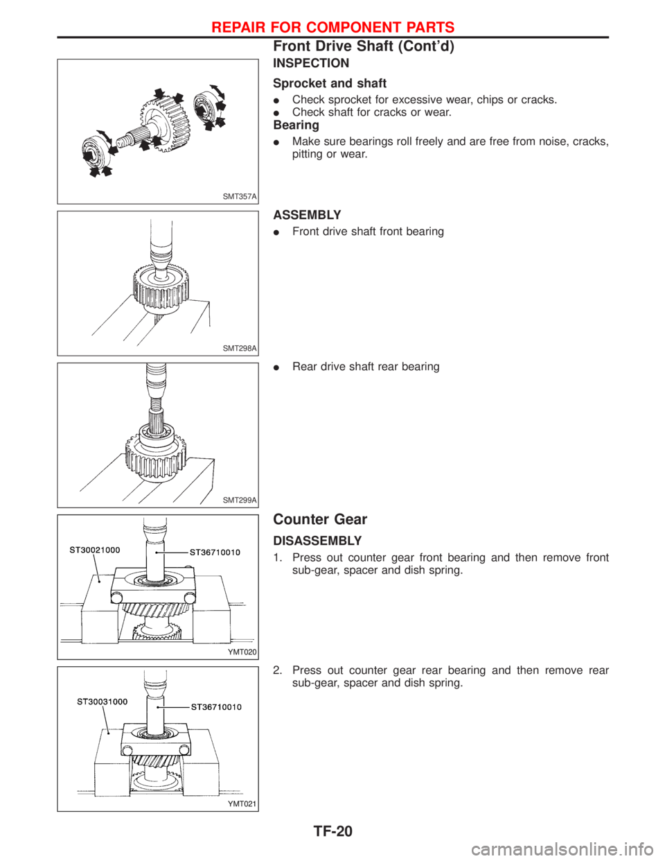 NISSAN TERRANO 2002  Service Repair Manual INSPECTION
Sprocket and shaft
ICheck sprocket for excessive wear, chips or cracks.
ICheck shaft for cracks or wear.
Bearing
IMake sure bearings roll freely and are free from noise, cracks,
pitting or 