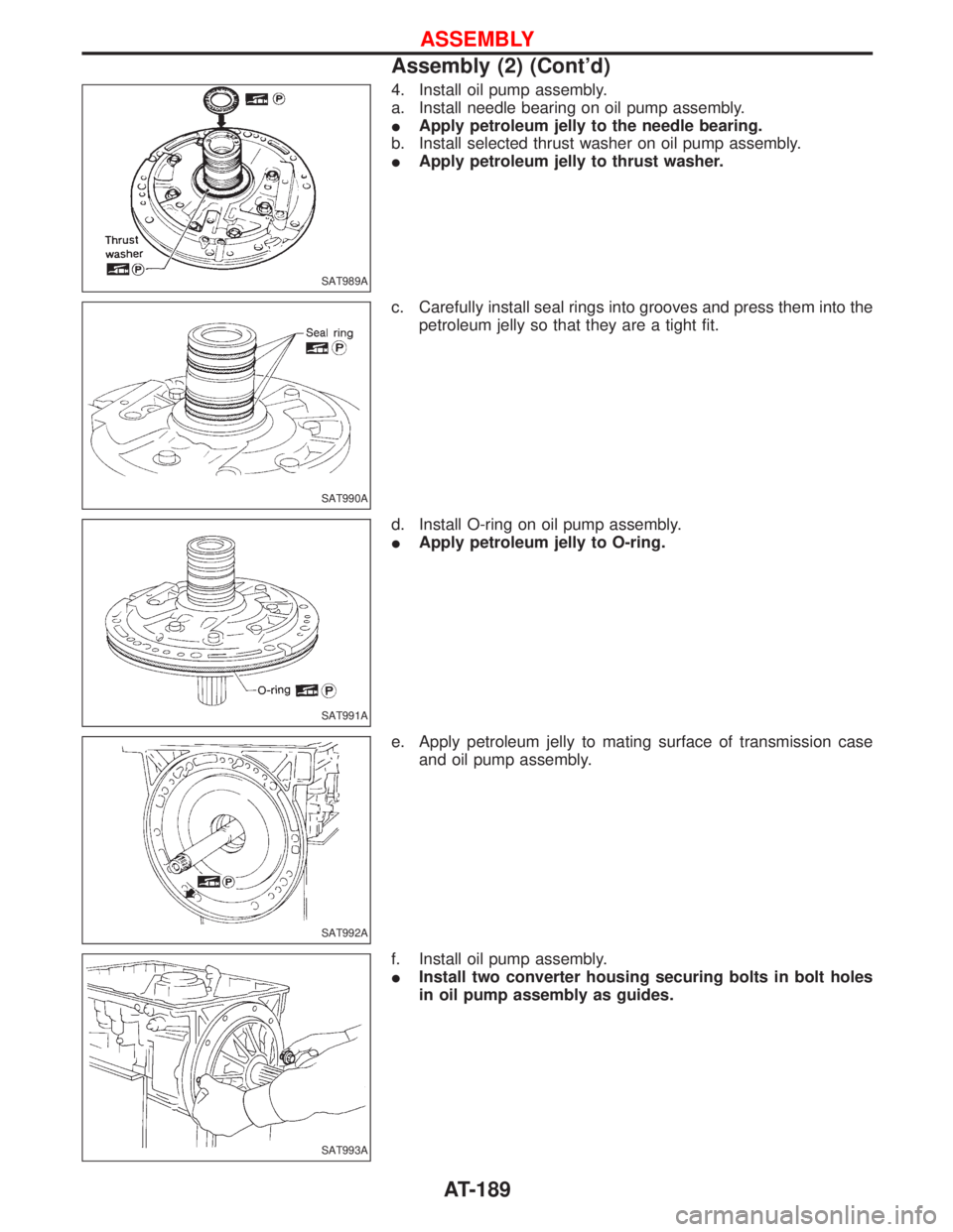 NISSAN TERRANO 2002  Service Repair Manual 4. Install oil pump assembly.
a. Install needle bearing on oil pump assembly.
IApply petroleum jelly to the needle bearing.
b. Install selected thrust washer on oil pump assembly.
IApply petroleum jel
