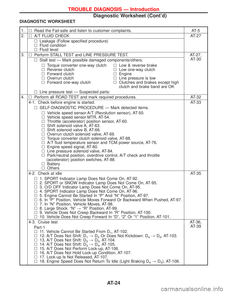 NISSAN TERRANO 2002 Service Repair Manual DIAGNOSTIC WORKSHEET
1.lRead the Fail-safe and listen to customer complaints. AT-5
2.lA/T FLUID CHECK AT-27
lLeakage (Follow specified procedure)
lFluid condition
lFluid level
3.lPerform STALL TEST an NISSAN TERRANO 2002 Service Repair Manual DIAGNOSTIC WORKSHEET
1.lRead the Fail-safe and listen to customer complaints. AT-5
2.lA/T FLUID CHECK AT-27
lLeakage (Follow specified procedure)
lFluid condition
lFluid level
3.lPerform STALL TEST an