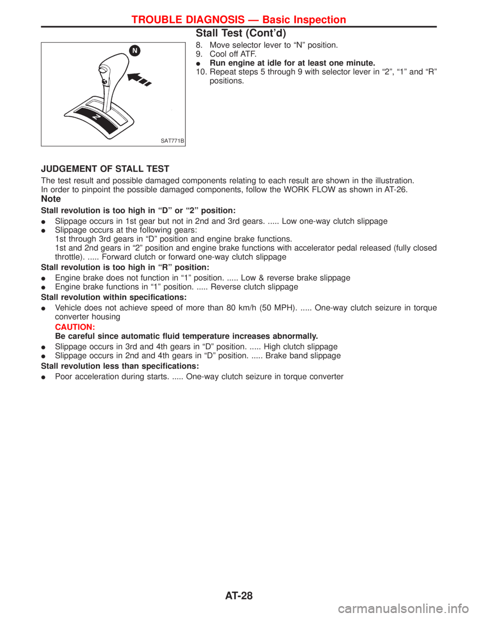 NISSAN TERRANO 2002 Service Repair Manual 8. Move selector lever to ªNº position.
9. Cool off ATF.
IRun engine at idle for at least one minute.
10. Repeat steps 5 through 9 with selector lever in ª2º, ª1º and ªRº
positions.
JUDGEMENT NISSAN TERRANO 2002 Service Repair Manual 8. Move selector lever to ªNº position.
9. Cool off ATF.
IRun engine at idle for at least one minute.
10. Repeat steps 5 through 9 with selector lever in ª2º, ª1º and ªRº
positions.
JUDGEMENT