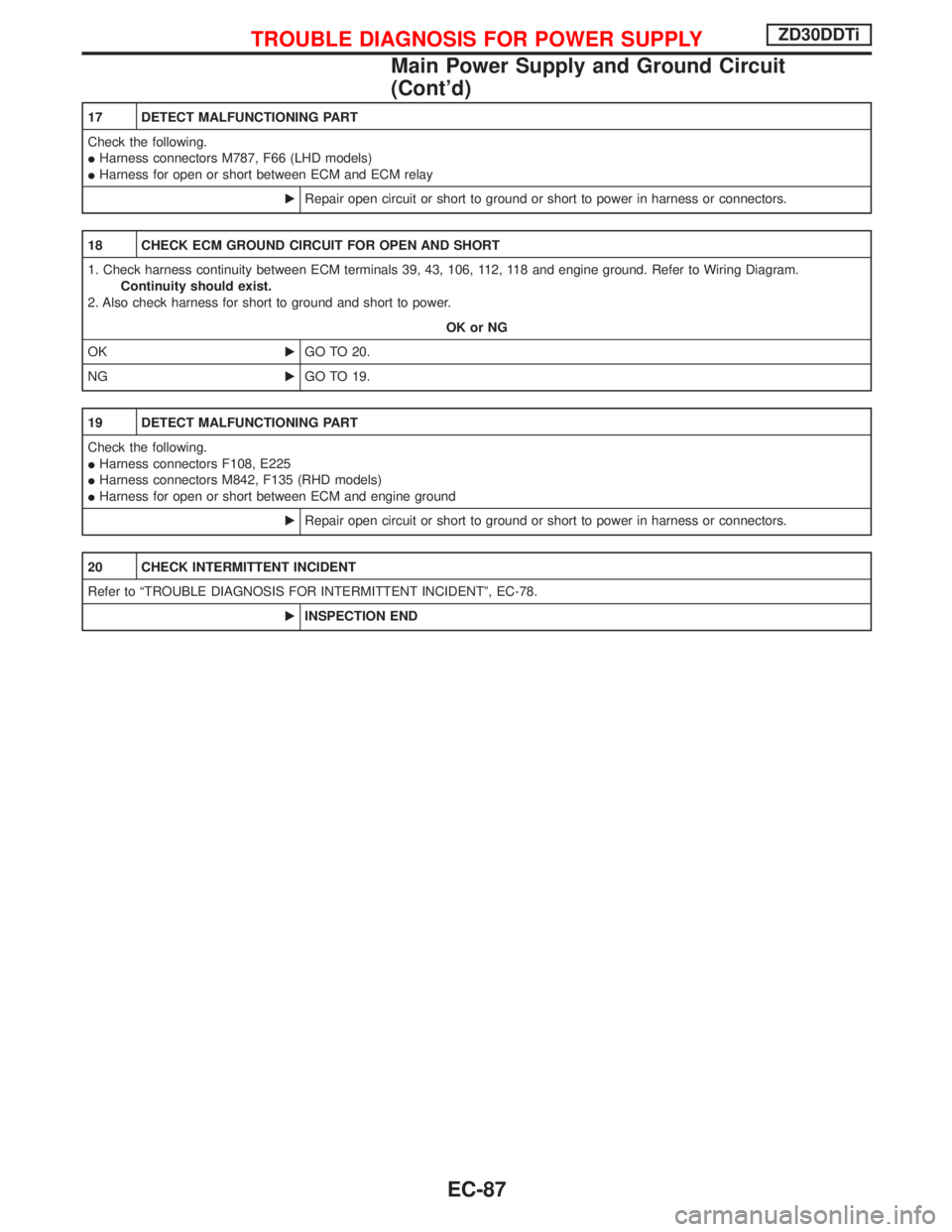 NISSAN TERRANO 2002 Service Repair Manual 17 DETECT MALFUNCTIONING PART
Check the following.
IHarness connectors M787, F66 (LHD models)
IHarness for open or short between ECM and ECM relay
ERepair open circuit or short to ground or short to p NISSAN TERRANO 2002 Service Repair Manual 17 DETECT MALFUNCTIONING PART
Check the following.
IHarness connectors M787, F66 (LHD models)
IHarness for open or short between ECM and ECM relay
ERepair open circuit or short to ground or short to p