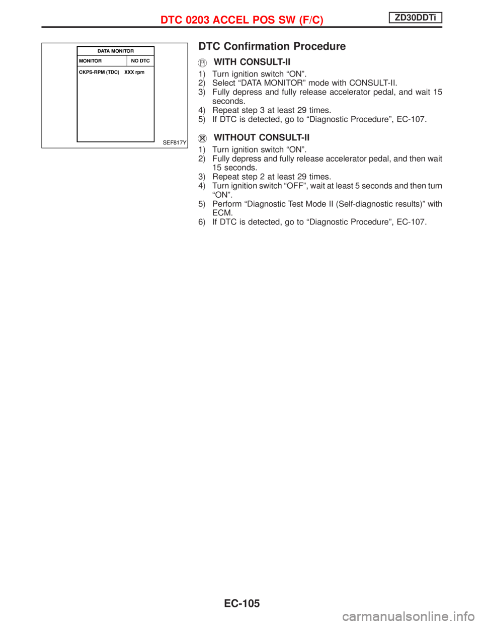NISSAN TERRANO 2002  Service Repair Manual DTC Confirmation Procedure
WITH CONSULT-II
1) Turn ignition switch ªONº.
2) Select ªDATA MONITORº mode with CONSULT-II.
3) Fully depress and fully release accelerator pedal, and wait 15
seconds.
4