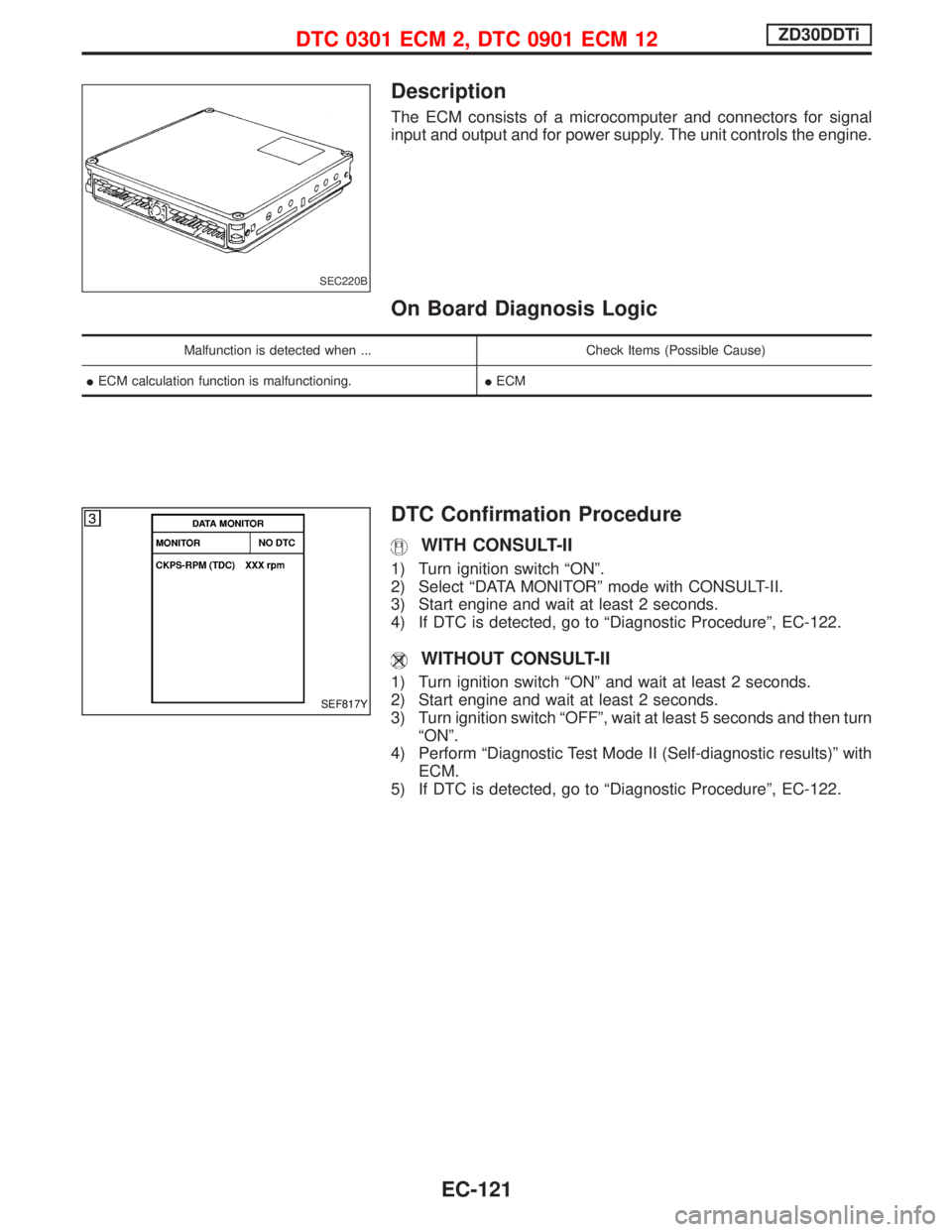 NISSAN TERRANO 2002  Service Repair Manual Description
The ECM consists of a microcomputer and connectors for signal
input and output and for power supply. The unit controls the engine.
On Board Diagnosis Logic
Malfunction is detected when ...