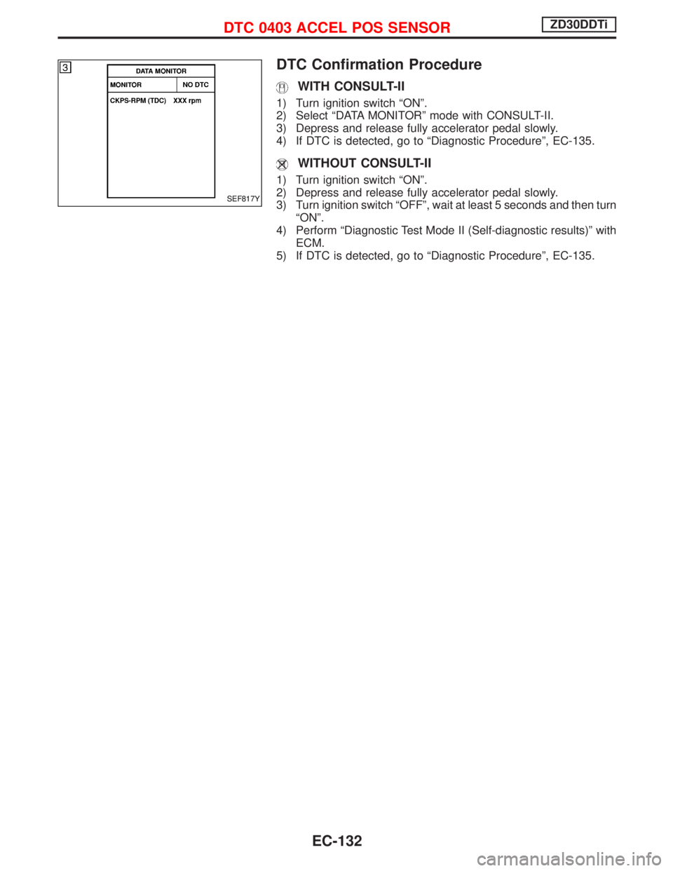 NISSAN TERRANO 2002  Service Repair Manual DTC Confirmation Procedure
WITH CONSULT-II
1) Turn ignition switch ªONº.
2) Select ªDATA MONITORº mode with CONSULT-II.
3) Depress and release fully accelerator pedal slowly.
4) If DTC is detected