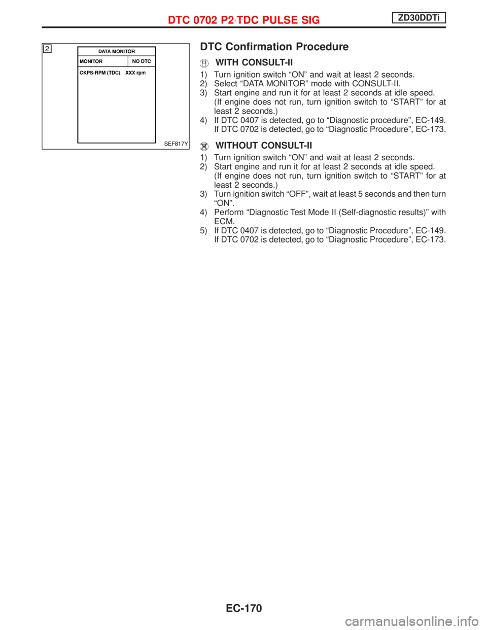 NISSAN TERRANO 2002  Service Repair Manual DTC Confirmation Procedure
WITH CONSULT-II
1) Turn ignition switch ªONº and wait at least 2 seconds.
2) Select ªDATA MONITORº mode with CONSULT-II.
3) Start engine and run it for at least 2 second