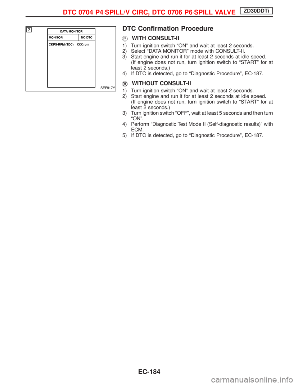 NISSAN TERRANO 2002  Service Repair Manual DTC Confirmation Procedure
WITH CONSULT-II
1) Turn ignition switch ªONº and wait at least 2 seconds.
2) Select ªDATA MONITORº mode with CONSULT-II.
3) Start engine and run it for at least 2 second