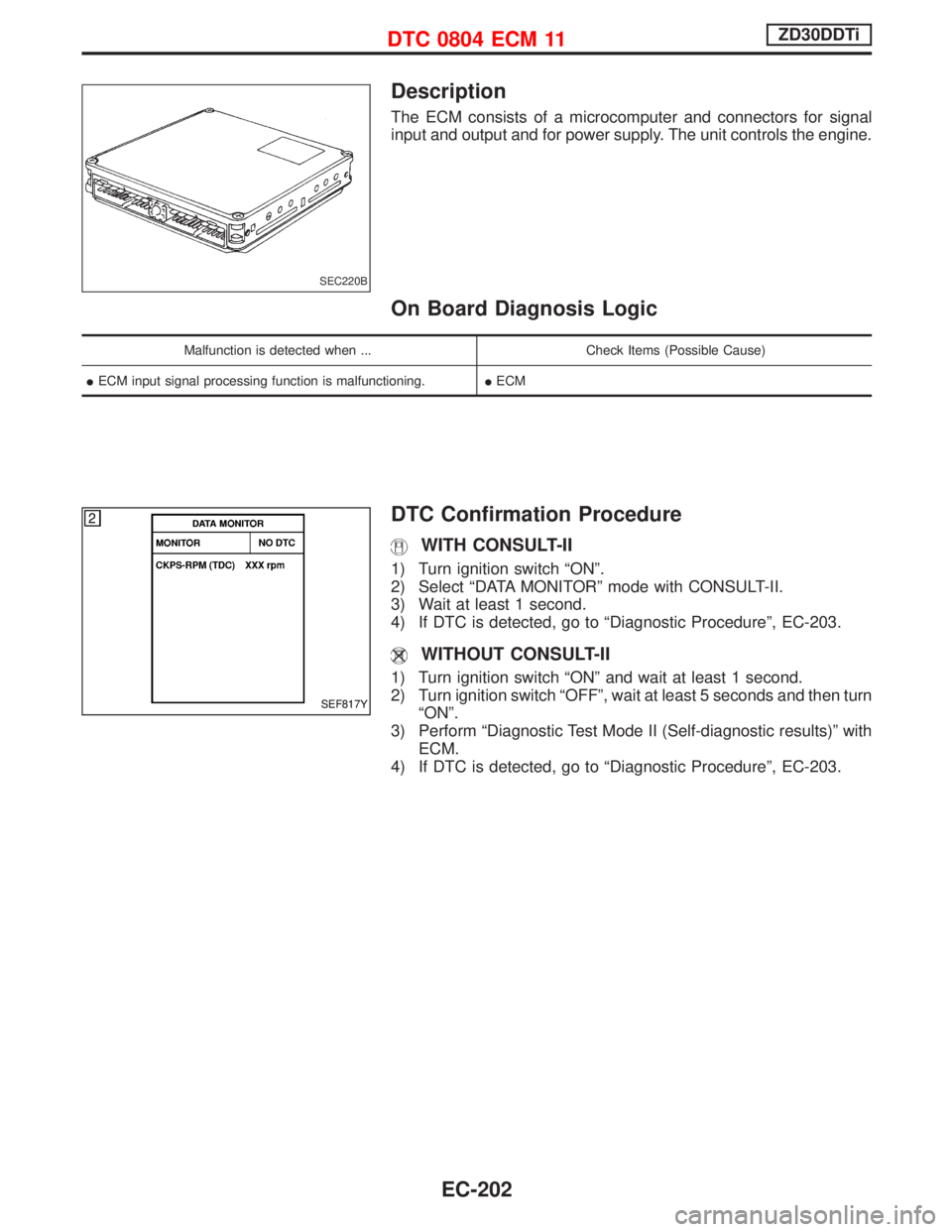 NISSAN TERRANO 2002  Service Repair Manual Description
The ECM consists of a microcomputer and connectors for signal
input and output and for power supply. The unit controls the engine.
On Board Diagnosis Logic
Malfunction is detected when ...