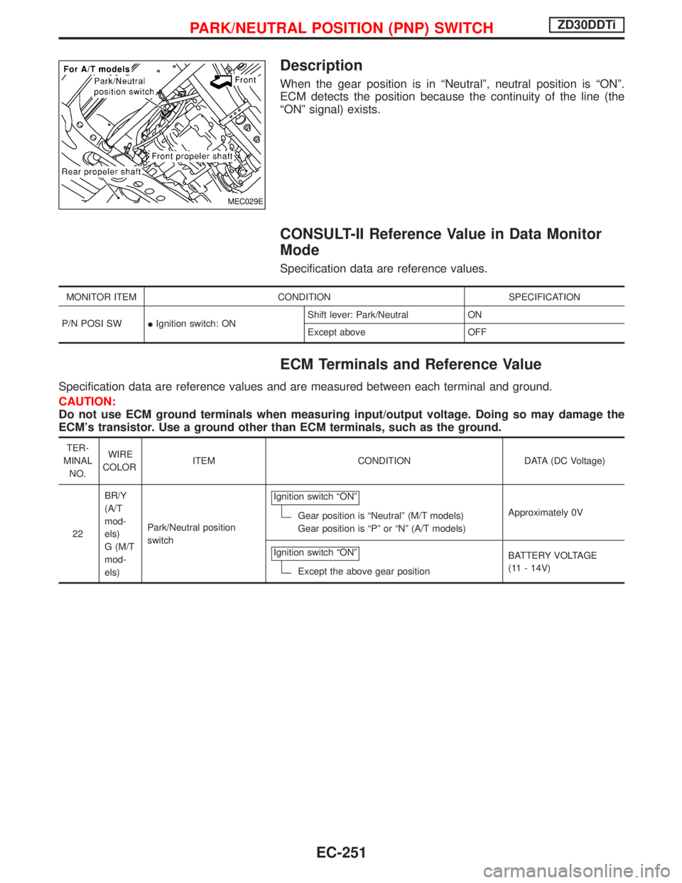 NISSAN TERRANO 2002 Service Repair Manual Description
When the gear position is in ªNeutralº, neutral position is ªONº.
ECM detects the position because the continuity of the line (the
ªONº signal) exists.
CONSULT-II Reference Value in NISSAN TERRANO 2002 Service Repair Manual Description
When the gear position is in ªNeutralº, neutral position is ªONº.
ECM detects the position because the continuity of the line (the
ªONº signal) exists.
CONSULT-II Reference Value in