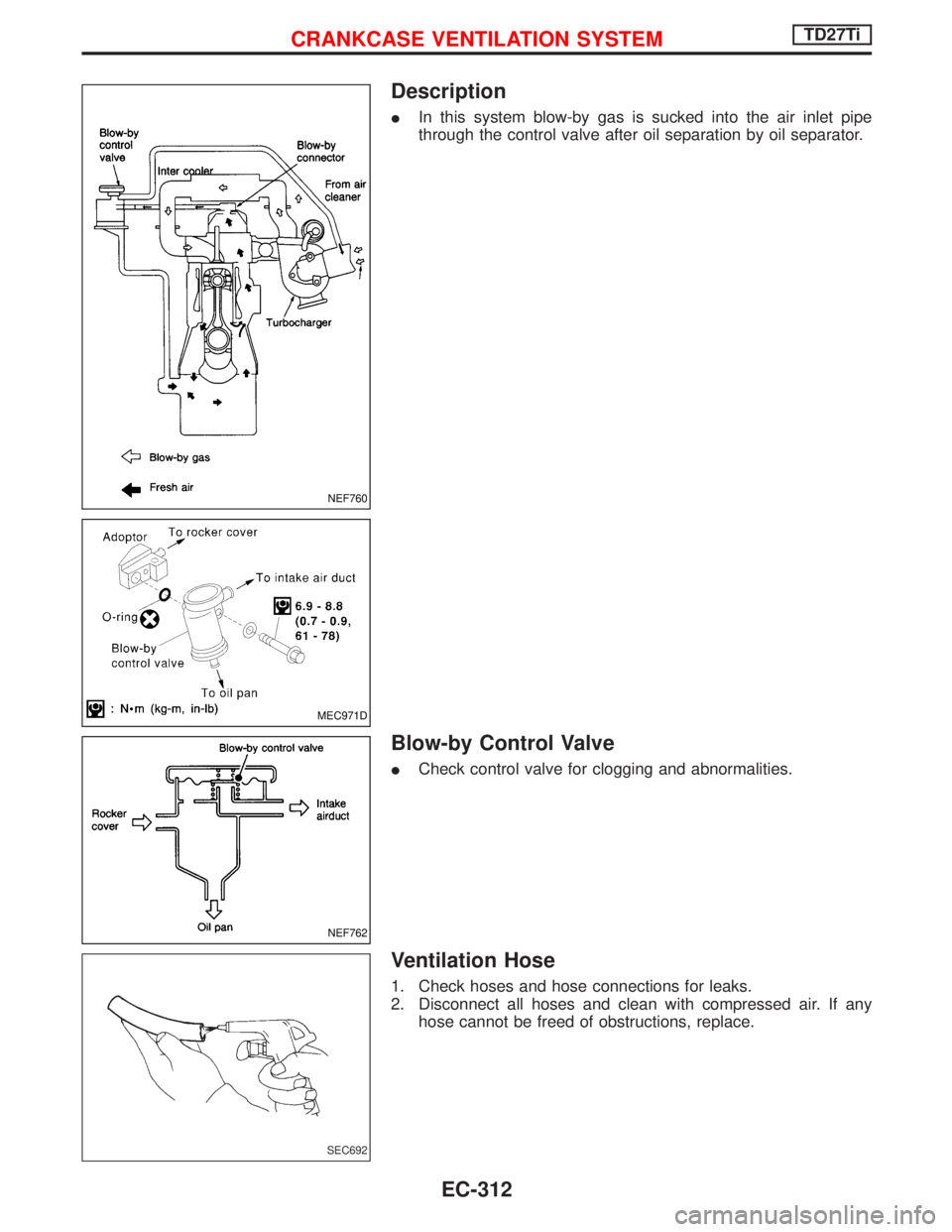 NISSAN TERRANO 2002  Service Repair Manual Description
IIn this system blow-by gas is sucked into the air inlet pipe
through the control valve after oil separation by oil separator.
Blow-by Control Valve
ICheck control valve for clogging and a