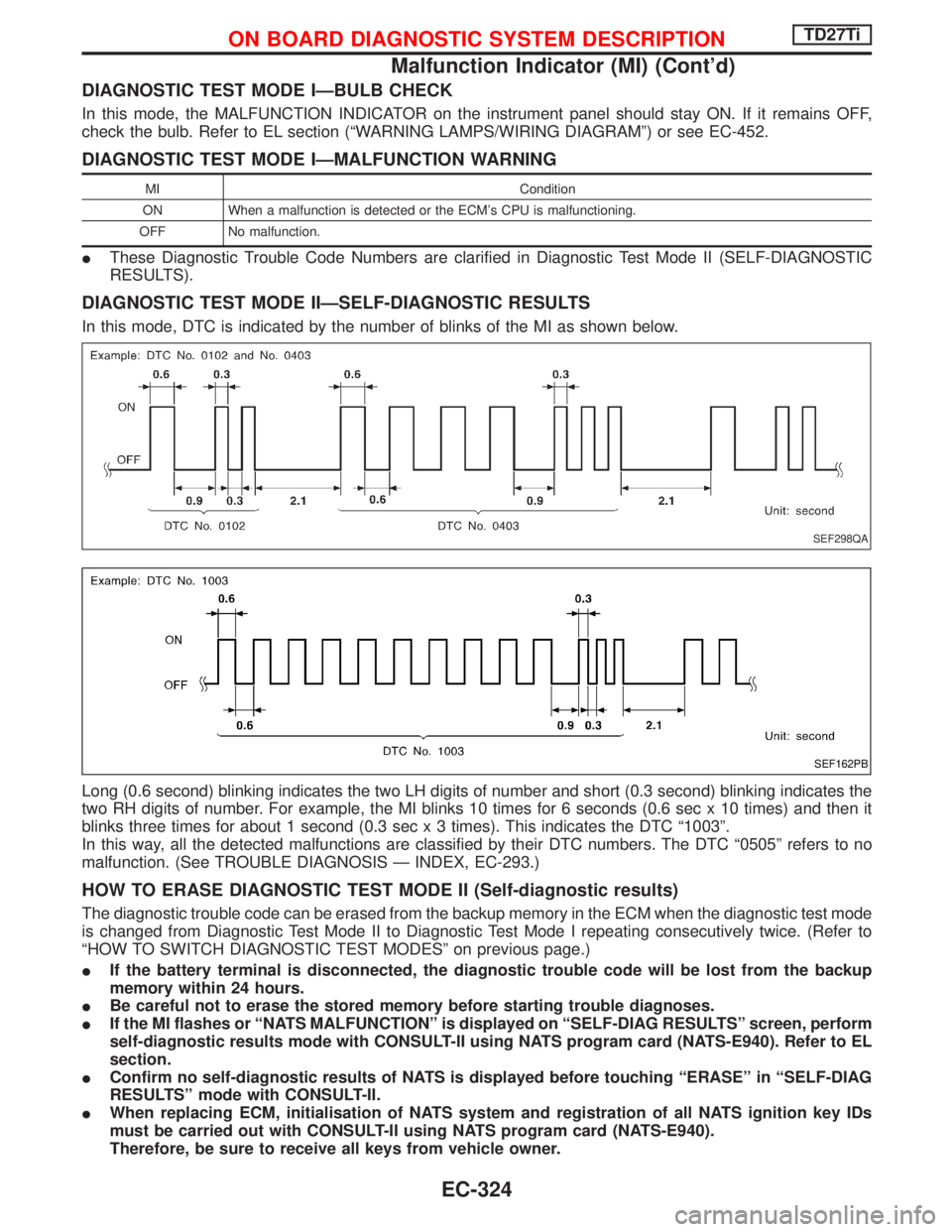 NISSAN TERRANO 2002 Service Repair Manual DIAGNOSTIC TEST MODE IÐBULB CHECK
In this mode, the MALFUNCTION INDICATOR on the instrument panel should stay ON. If it remains OFF,
check the bulb. Refer to EL section (ªWARNING LAMPS/WIRING DIAGRA NISSAN TERRANO 2002 Service Repair Manual DIAGNOSTIC TEST MODE IÐBULB CHECK
In this mode, the MALFUNCTION INDICATOR on the instrument panel should stay ON. If it remains OFF,
check the bulb. Refer to EL section (ªWARNING LAMPS/WIRING DIAGRA