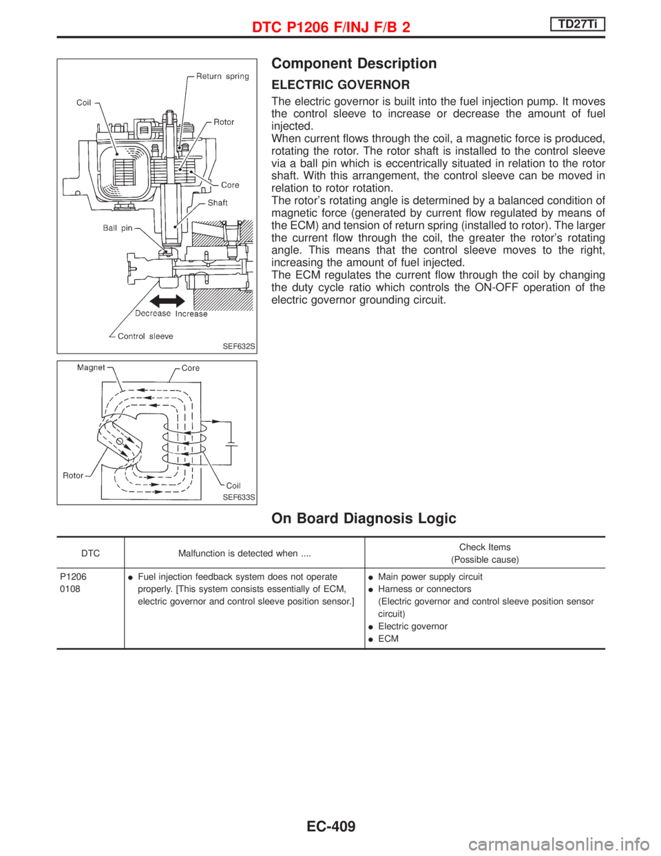 NISSAN TERRANO 2002 Service Repair Manual Component Description
ELECTRIC GOVERNOR
The electric governor is built into the fuel injection pump. It moves
the control sleeve to increase or decrease the amount of fuel
injected.
When current flows NISSAN TERRANO 2002 Service Repair Manual Component Description
ELECTRIC GOVERNOR
The electric governor is built into the fuel injection pump. It moves
the control sleeve to increase or decrease the amount of fuel
injected.
When current flows