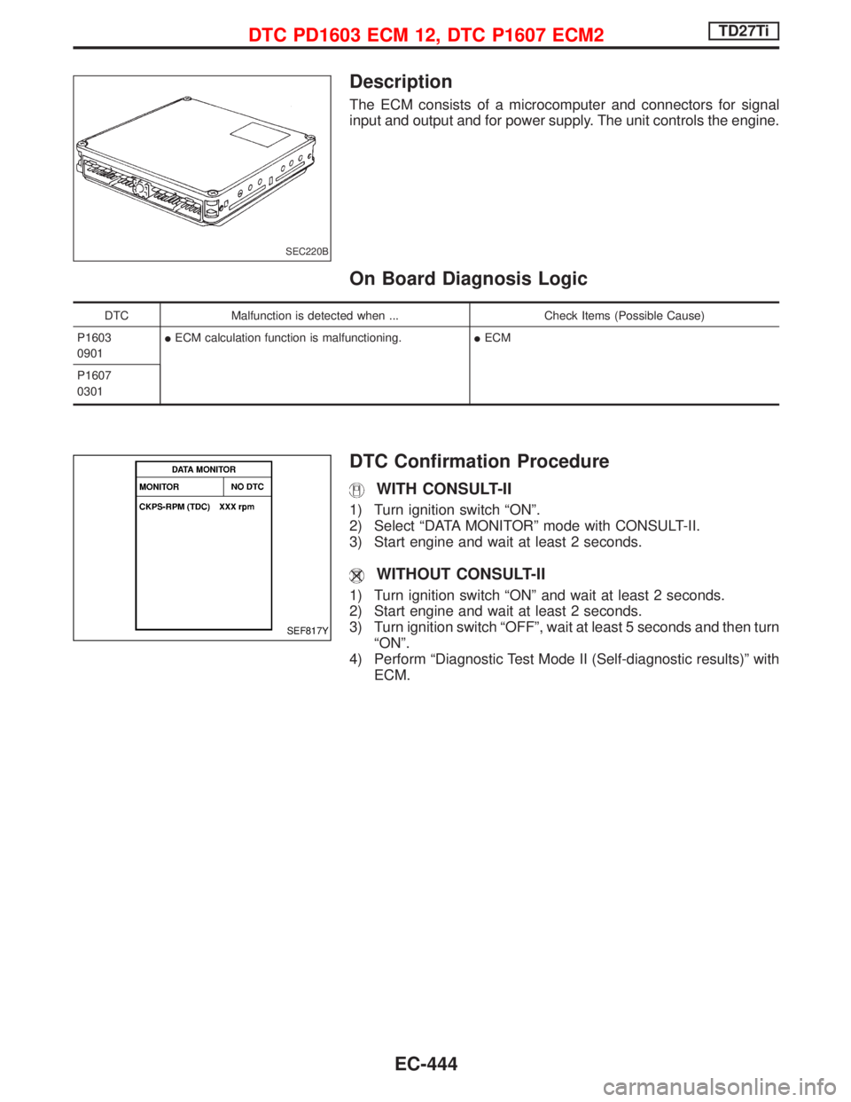 NISSAN TERRANO 2002  Service Repair Manual Description
The ECM consists of a microcomputer and connectors for signal
input and output and for power supply. The unit controls the engine.
On Board Diagnosis Logic
DTC Malfunction is detected when