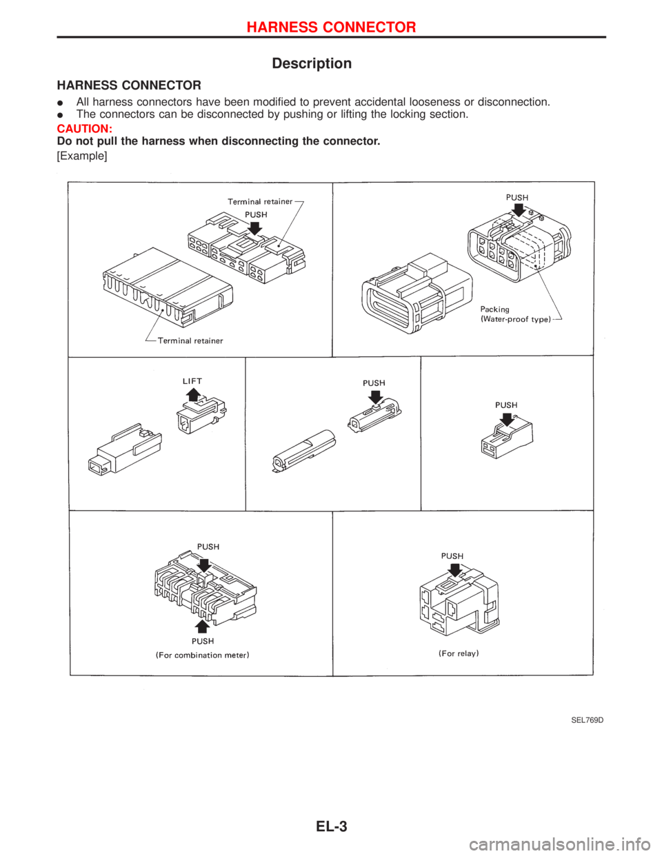 NISSAN TERRANO 2002  Service Repair Manual Description
HARNESS CONNECTOR
IAll harness connectors have been modified to prevent accidental looseness or disconnection.
IThe connectors can be disconnected by pushing or lifting the locking section