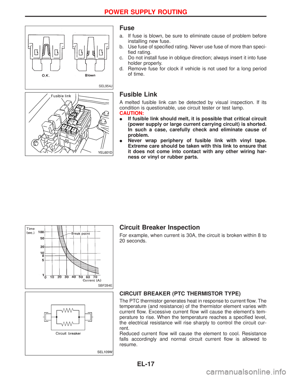 NISSAN TERRANO 2002 Service Repair Manual Fuse
a. If fuse is blown, be sure to eliminate cause of problem before
installing new fuse.
b. Use fuse of specified rating. Never use fuse of more than speci-
fied rating.
c. Do not install fuse in o NISSAN TERRANO 2002 Service Repair Manual Fuse
a. If fuse is blown, be sure to eliminate cause of problem before
installing new fuse.
b. Use fuse of specified rating. Never use fuse of more than speci-
fied rating.
c. Do not install fuse in o