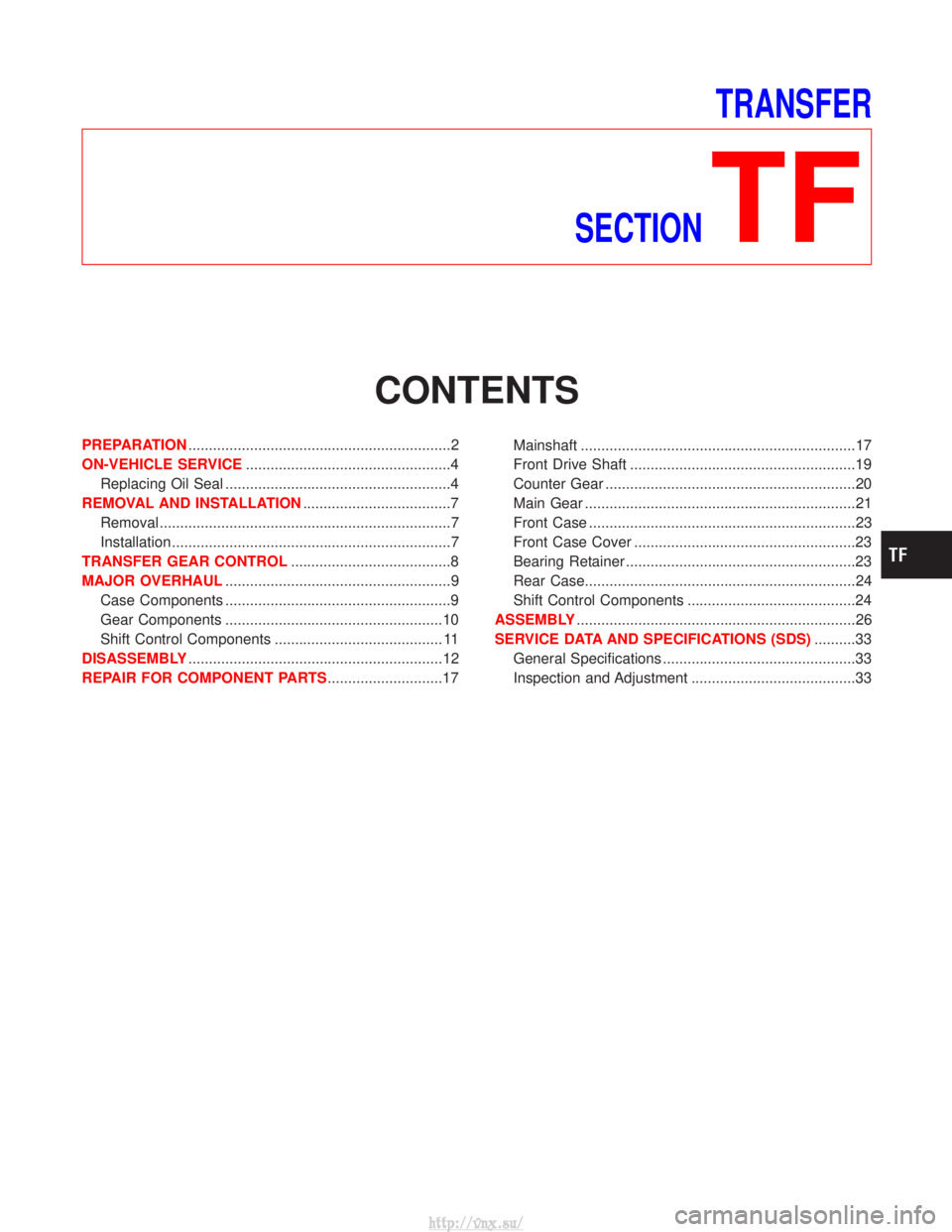 NISSAN TERRANO 2004 Service Repair Manual TRANSFER
SECTION
TF
CONTENTS
PREPARATION ................................................................2
ON-VEHICLE SERVICE ..................................................4
Replacing Oil Seal ... NISSAN TERRANO 2004 Service Repair Manual TRANSFER
SECTION
TF
CONTENTS
PREPARATION ................................................................2
ON-VEHICLE SERVICE ..................................................4
Replacing Oil Seal ...