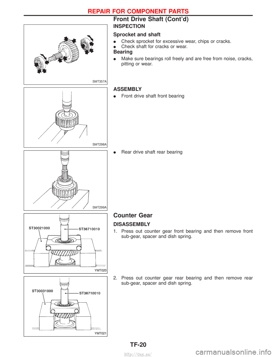 NISSAN TERRANO 2004  Service Repair Manual INSPECTION
Sprocket and shaft
ICheck sprocket for excessive wear, chips or cracks.
I Check shaft for cracks or wear.
Bearing
IMake sure bearings roll freely and are free from noise, cracks,
pitting or