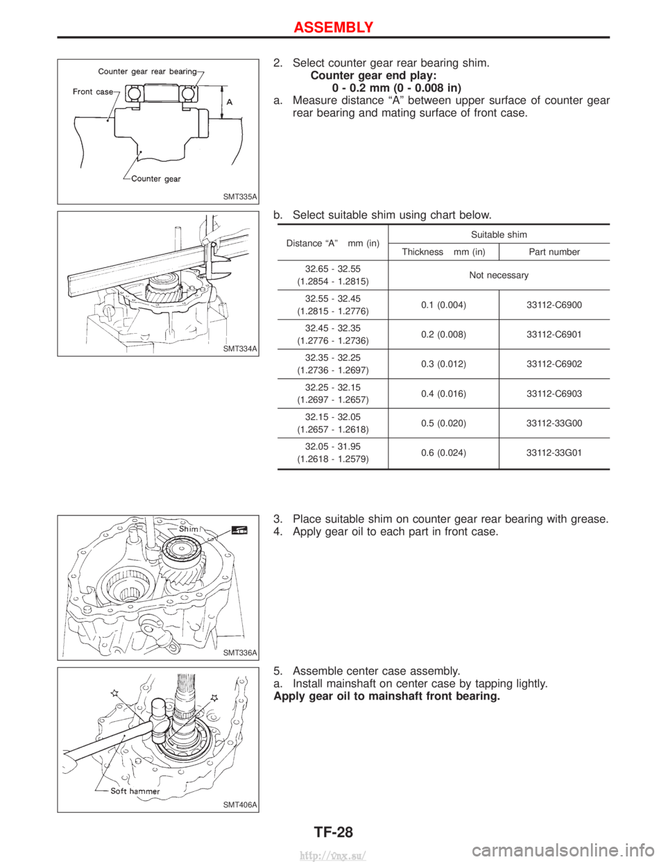 NISSAN TERRANO 2004 Service Repair Manual 2. Select counter gear rear bearing shim.Counter gear end play:0 - 0.2 mm (0 - 0.008 in)
a. Measure distance ªAº between upper surface of counter gear rear bearing and mating surface of front case.
NISSAN TERRANO 2004 Service Repair Manual 2. Select counter gear rear bearing shim.Counter gear end play:0 - 0.2 mm (0 - 0.008 in)
a. Measure distance ªAº between upper surface of counter gear rear bearing and mating surface of front case.
