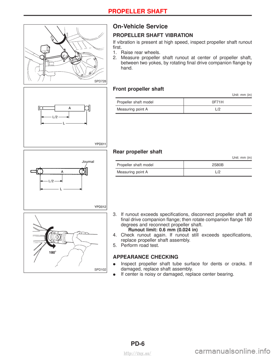 NISSAN TERRANO 2004 Service Repair Manual On-Vehicle Service
PROPELLER SHAFT VIBRATION
If vibration is present at high speed, inspect propeller shaft runout
first.
1. Raise rear wheels.
2. Measure propeller shaft runout at center of propeller NISSAN TERRANO 2004 Service Repair Manual On-Vehicle Service
PROPELLER SHAFT VIBRATION
If vibration is present at high speed, inspect propeller shaft runout
first.
1. Raise rear wheels.
2. Measure propeller shaft runout at center of propeller