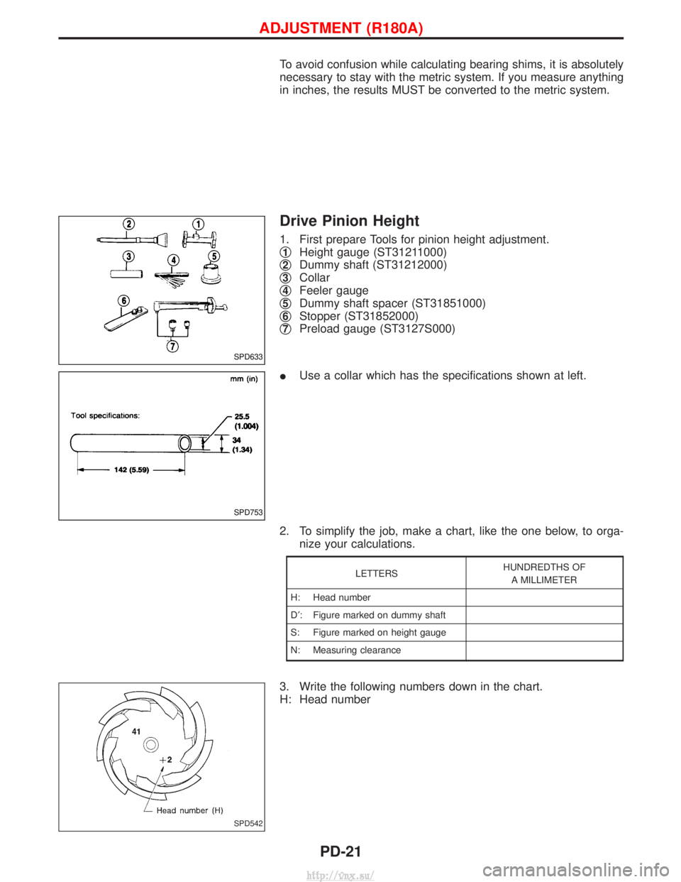 NISSAN TERRANO 2004  Service Repair Manual To avoid confusion while calculating bearing shims, it is absolutely
necessary to stay with the metric system. If you measure anything
in inches, the results MUST be converted to the metric system.
Dr
