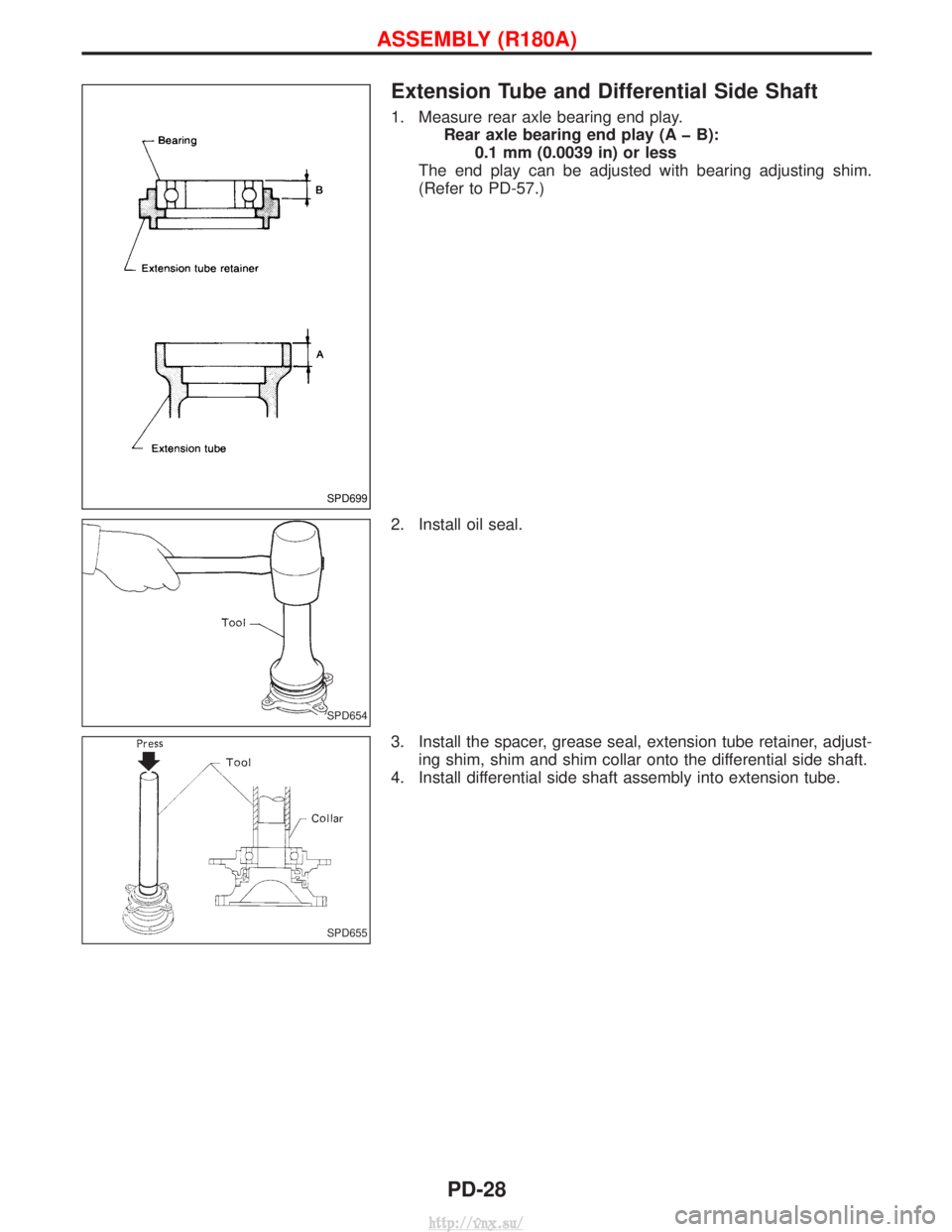 NISSAN TERRANO 2004  Service Repair Manual Extension Tube and Differential Side Shaft
1. Measure rear axle bearing end play.Rear axle bearing end play (A þ B):0.1 mm (0.0039 in) or less
The end play can be adjusted with bearing adjusting shim