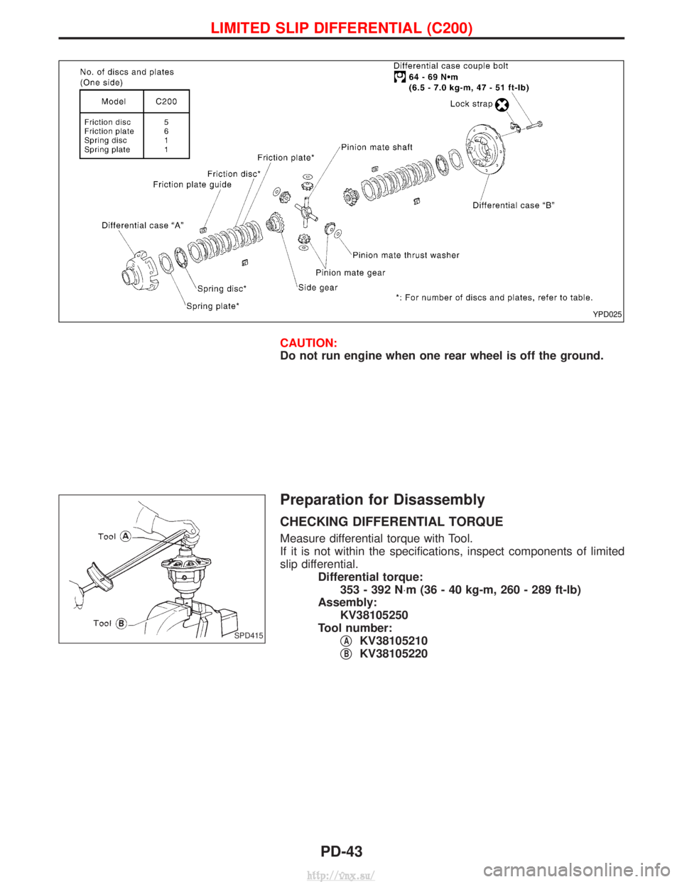 NISSAN TERRANO 2004  Service Repair Manual CAUTION:
Do not run engine when one rear wheel is off the ground.
Preparation for Disassembly
CHECKING DIFFERENTIAL TORQUE
Measure differential torque with Tool.
If it is not within the specifications
