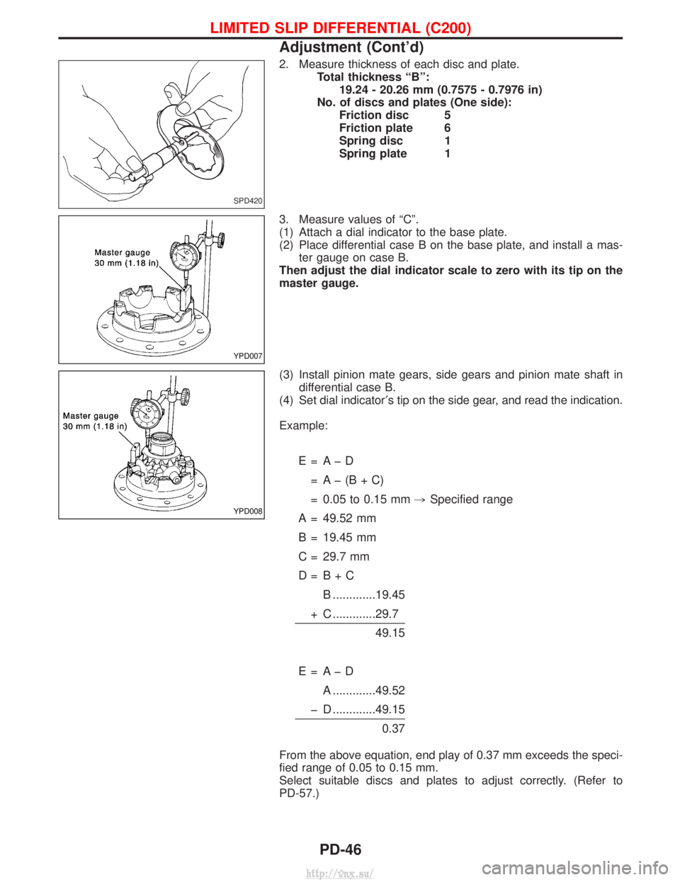 NISSAN TERRANO 2004 Service Repair Manual 2. Measure thickness of each disc and plate.Total thickness ªBº:19.24 - 20.26 mm (0.7575 - 0.7976 in)
No. of discs and plates (One side): Friction disc 5
Friction plate 6
Spring disc 1
Spring plate NISSAN TERRANO 2004 Service Repair Manual 2. Measure thickness of each disc and plate.Total thickness ªBº:19.24 - 20.26 mm (0.7575 - 0.7976 in)
No. of discs and plates (One side): Friction disc 5
Friction plate 6
Spring disc 1
Spring plate