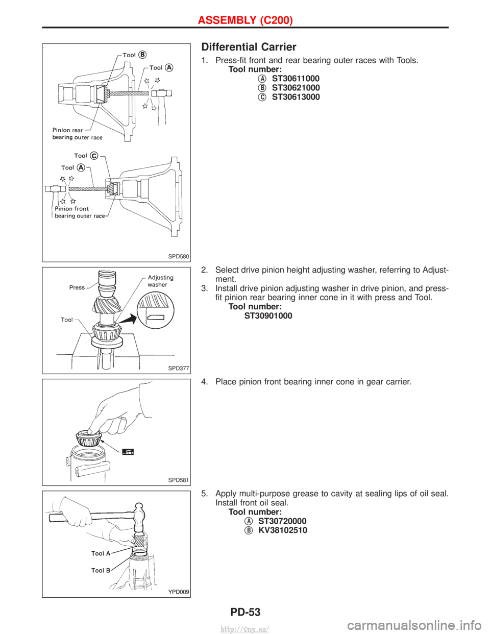 NISSAN TERRANO 2004  Service Repair Manual Differential Carrier
1. Press-fit front and rear bearing outer races with Tools.Tool number: q
AST30611000
q
BST30621000
q
CST30613000
2. Select drive pinion height adjusting washer, referring to Adju