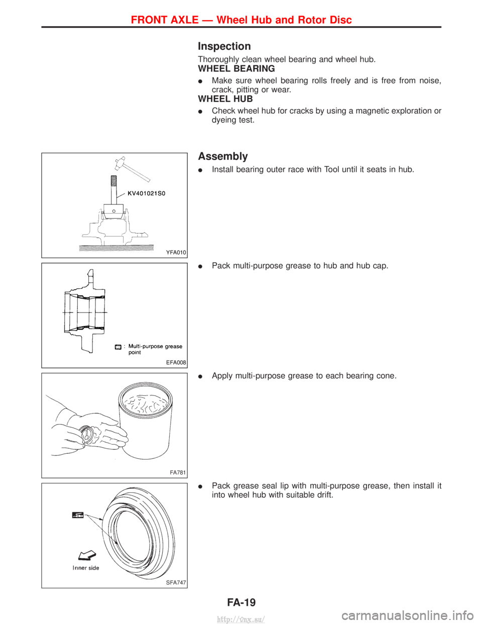 NISSAN TERRANO 2004  Service Repair Manual Inspection
Thoroughly clean wheel bearing and wheel hub.
WHEEL BEARING
IMake sure wheel bearing rolls freely and is free from noise,
crack, pitting or wear.
WHEEL HUB
ICheck wheel hub for cracks by us
