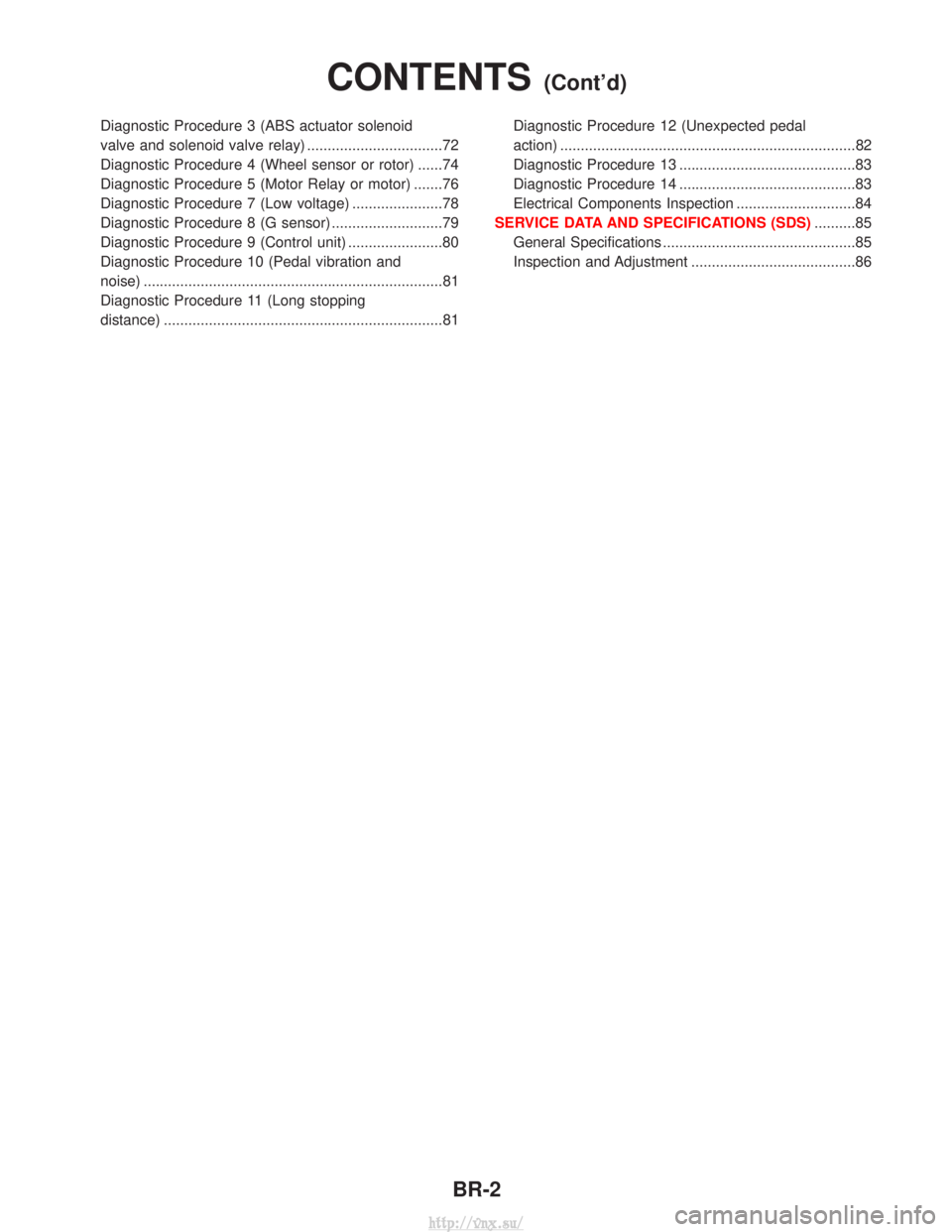 NISSAN TERRANO 2004  Service Repair Manual Diagnostic Procedure 3 (ABS actuator solenoid
valve and solenoid valve relay) .................................72
Diagnostic Procedure 4 (Wheel sensor or rotor) ......74
Diagnostic Procedure 5 (Motor 