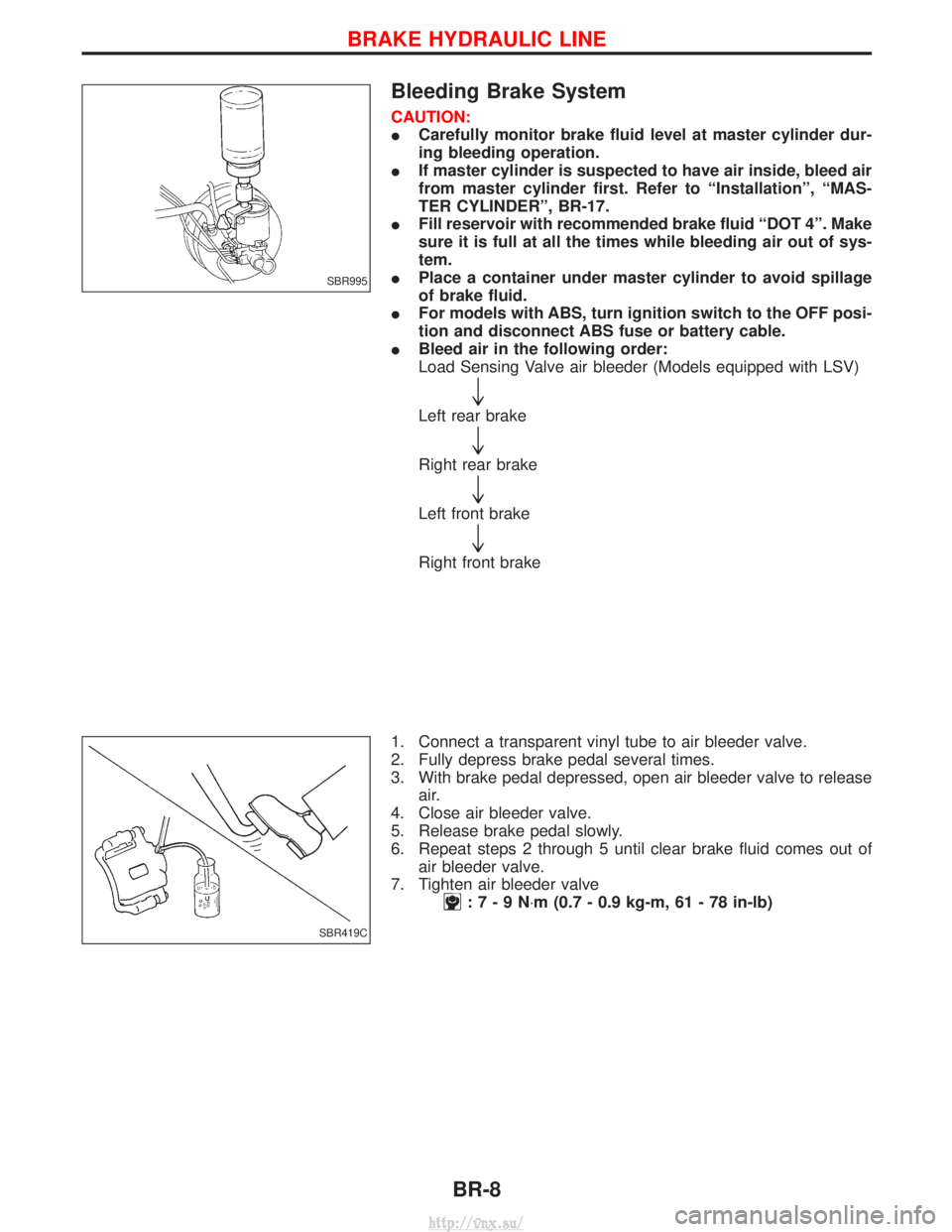 NISSAN TERRANO 2004  Service Repair Manual Bleeding Brake System
CAUTION:
ICarefully monitor brake fluid level at master cylinder dur-
ing bleeding operation.
I If master cylinder is suspected to have air inside, bleed air
from master cylinder