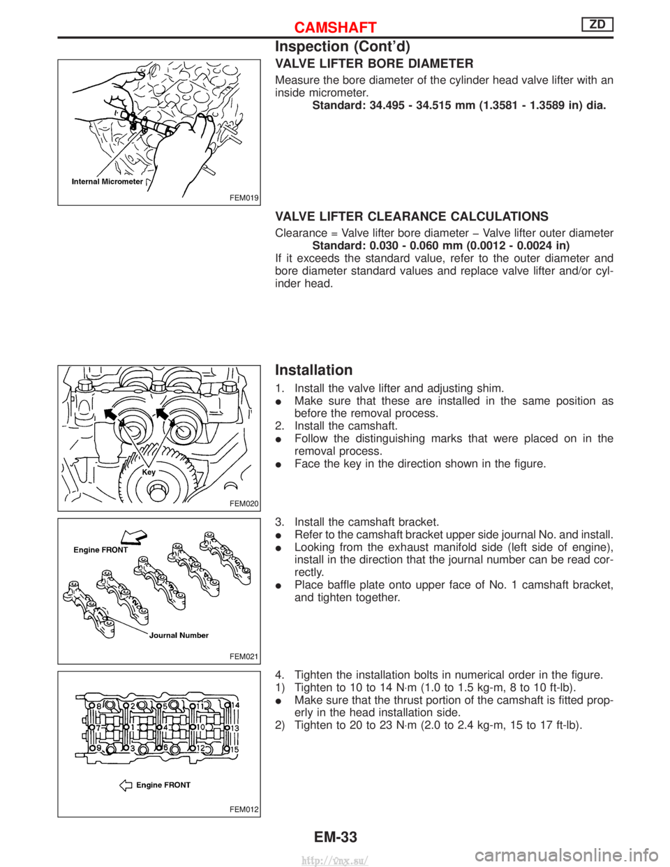 NISSAN TERRANO 2004 Service Repair Manual VALVE LIFTER BORE DIAMETER
Measure the bore diameter of the cylinder head valve lifter with an
inside micrometer.Standard: 34.495 - 34.515 mm (1.3581 - 1.3589 in) dia.
VALVE LIFTER CLEARANCE CALCULATI NISSAN TERRANO 2004 Service Repair Manual VALVE LIFTER BORE DIAMETER
Measure the bore diameter of the cylinder head valve lifter with an
inside micrometer.Standard: 34.495 - 34.515 mm (1.3581 - 1.3589 in) dia.
VALVE LIFTER CLEARANCE CALCULATI
