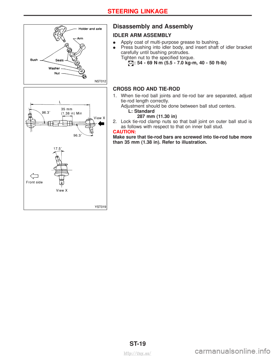 NISSAN TERRANO 2004  Service Repair Manual Disassembly and Assembly
IDLER ARM ASSEMBLY
IApply coat of multi-purpose grease to bushing.
I Press bushing into idler body, and insert shaft of idler bracket
carefully until bushing protrudes.
Tighte