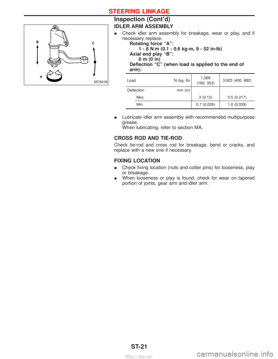 NISSAN TERRANO 2004  Service Repair Manual IDLER ARM ASSEMBLY
ICheck idler arm assembly for breakage, wear or play, and if
necessary replace.
Rotating force ªAº: 1-6N ×m (0.1 - 0.6 kg-m ,9-52in-lb)
Axial end play ªBº: 0m(0in)
Deflection 