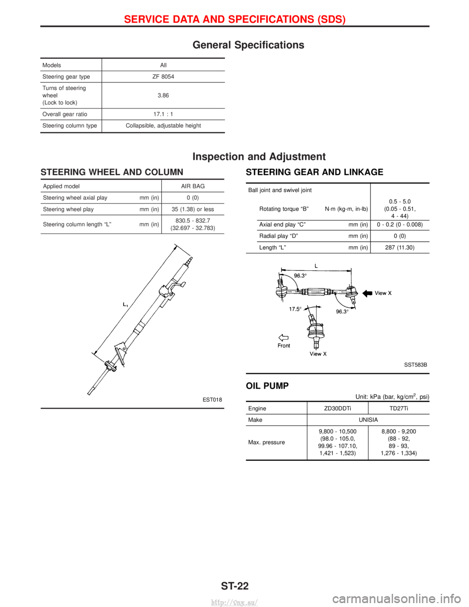 NISSAN TERRANO 2004  Service Repair Manual General Specifications
ModelsAll
Steering gear type ZF 8054
Turns of steering
wheel
(Lock to lock) 3.86
Overall gear ratio 17.1 : 1
Steering column type Collapsible, adjustable height
Inspection and A