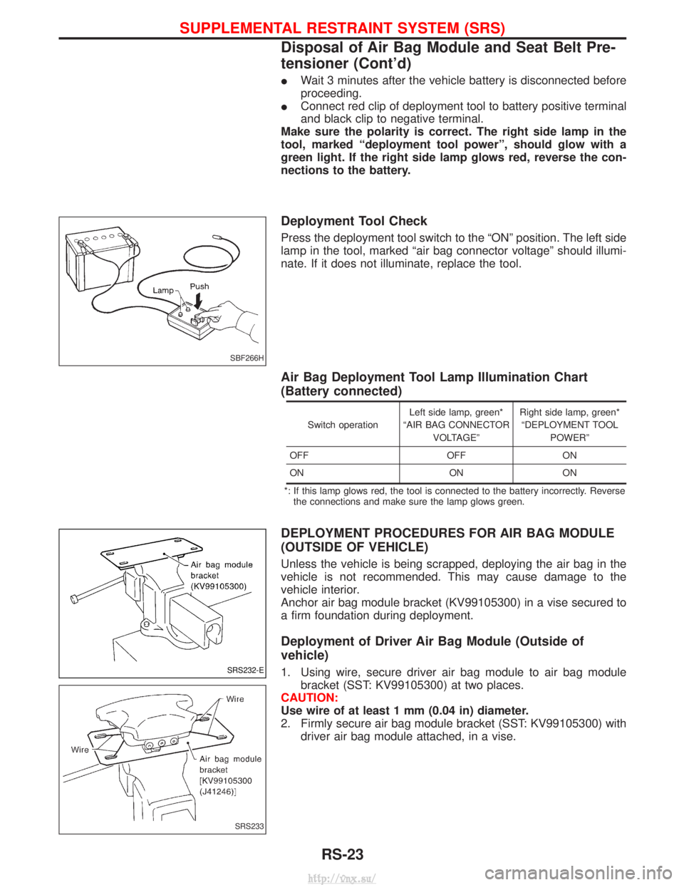 NISSAN TERRANO 2004 Service Repair Manual IWait 3 minutes after the vehicle battery is disconnected before
proceeding.
I Connect red clip of deployment tool to battery positive terminal
and black clip to negative terminal.
Make sure the polar NISSAN TERRANO 2004 Service Repair Manual IWait 3 minutes after the vehicle battery is disconnected before
proceeding.
I Connect red clip of deployment tool to battery positive terminal
and black clip to negative terminal.
Make sure the polar