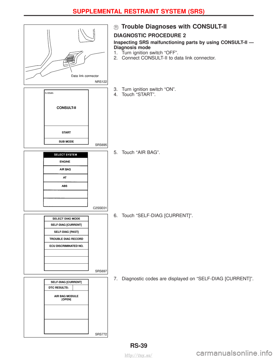 NISSAN TERRANO 2004  Service Repair Manual Trouble Diagnoses with CONSULT-II
DIAGNOSTIC PROCEDURE 2
Inspecting SRS malfunctioning parts by using CONSULT-II Ð
Diagnosis mode
1. Turn ignition switch ªOFFº.
2. Connect CONSULT-II to data link c
