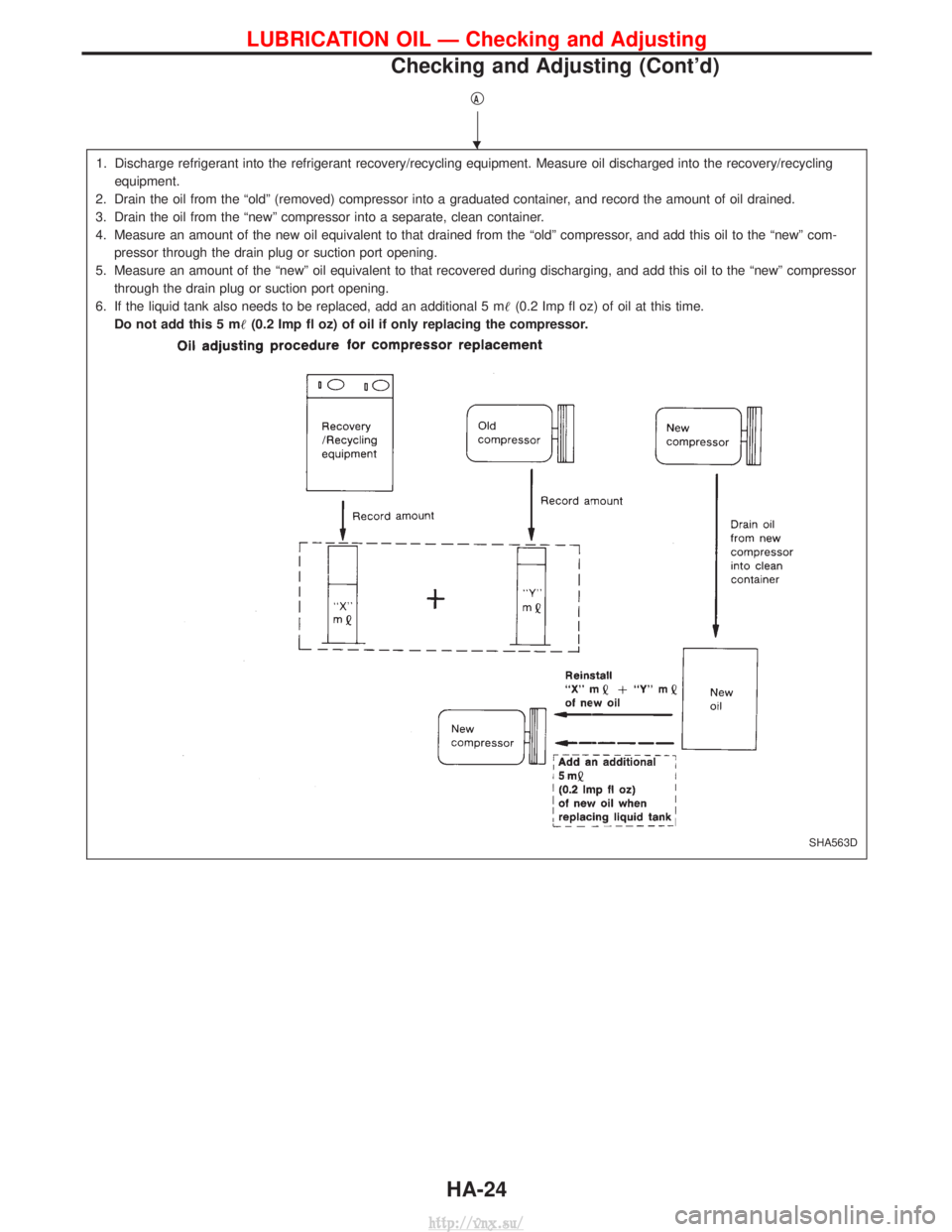 NISSAN TERRANO 2004  Service Repair Manual qA
1. Discharge refrigerant into the refrigerant recovery/recycling equipment. Measure oil discharged into the recovery/recyclingequipment.
2. Drain the oil from the ªoldº (removed) compressor into 