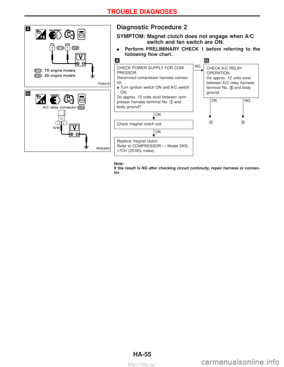 NISSAN TERRANO 2004  Service Repair Manual Diagnostic Procedure 2
SYMPTOM: Magnet clutch does not engage when A/Cswitch and fan switch are ON.
IPerform PRELIMINARY CHECK 1 before referring to the
following flow chart.
CHECK POWER SUPPLY FOR CO