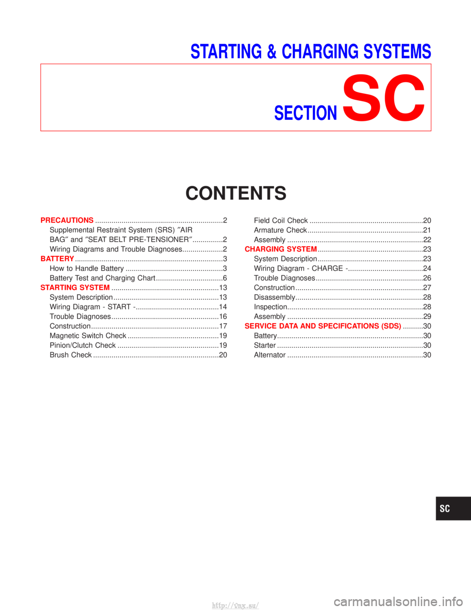 NISSAN TERRANO 2004  Service Repair Manual STARTING & CHARGING SYSTEMSSECTION
SC
CONTENTS
PRECAUTIONS ...............................................................2
Supplemental Restraint System (SRS) ²AIR
BAG² and²SEAT BELT PRE-TENSIONER
