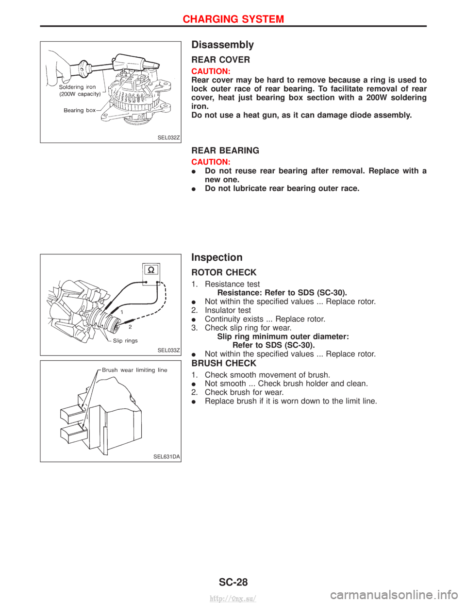 NISSAN TERRANO 2004  Service Repair Manual Disassembly
REAR COVER
CAUTION:
Rear cover may be hard to remove because a ring is used to
lock outer race of rear bearing. To facilitate removal of rear
cover, heat just bearing box section with a 20