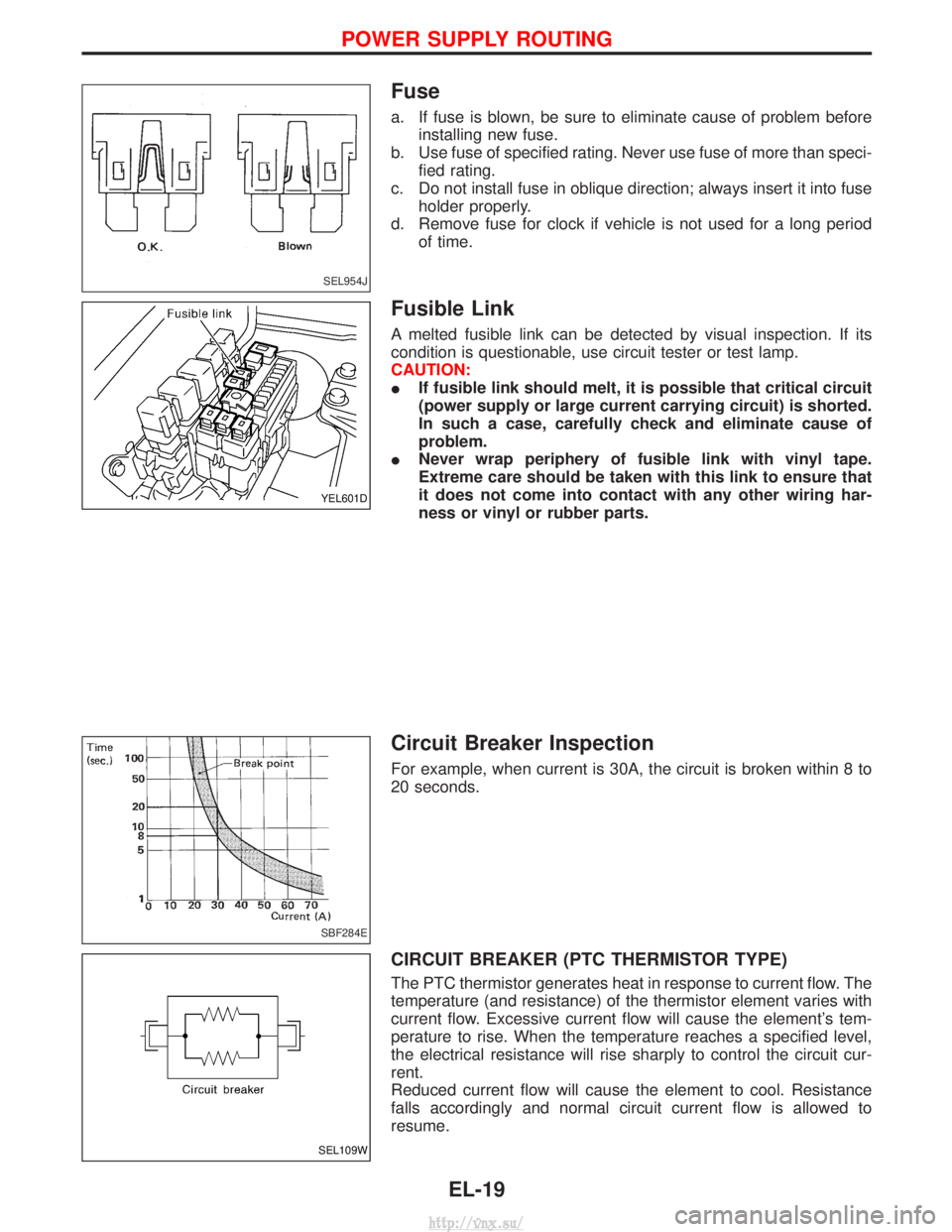 NISSAN TERRANO 2004 Service Repair Manual Fuse
a. If fuse is blown, be sure to eliminate cause of problem beforeinstalling new fuse.
b. Use fuse of specified rating. Never use fuse of more than speci- fied rating.
c. Do not install fuse in ob NISSAN TERRANO 2004 Service Repair Manual Fuse
a. If fuse is blown, be sure to eliminate cause of problem beforeinstalling new fuse.
b. Use fuse of specified rating. Never use fuse of more than speci- fied rating.
c. Do not install fuse in ob