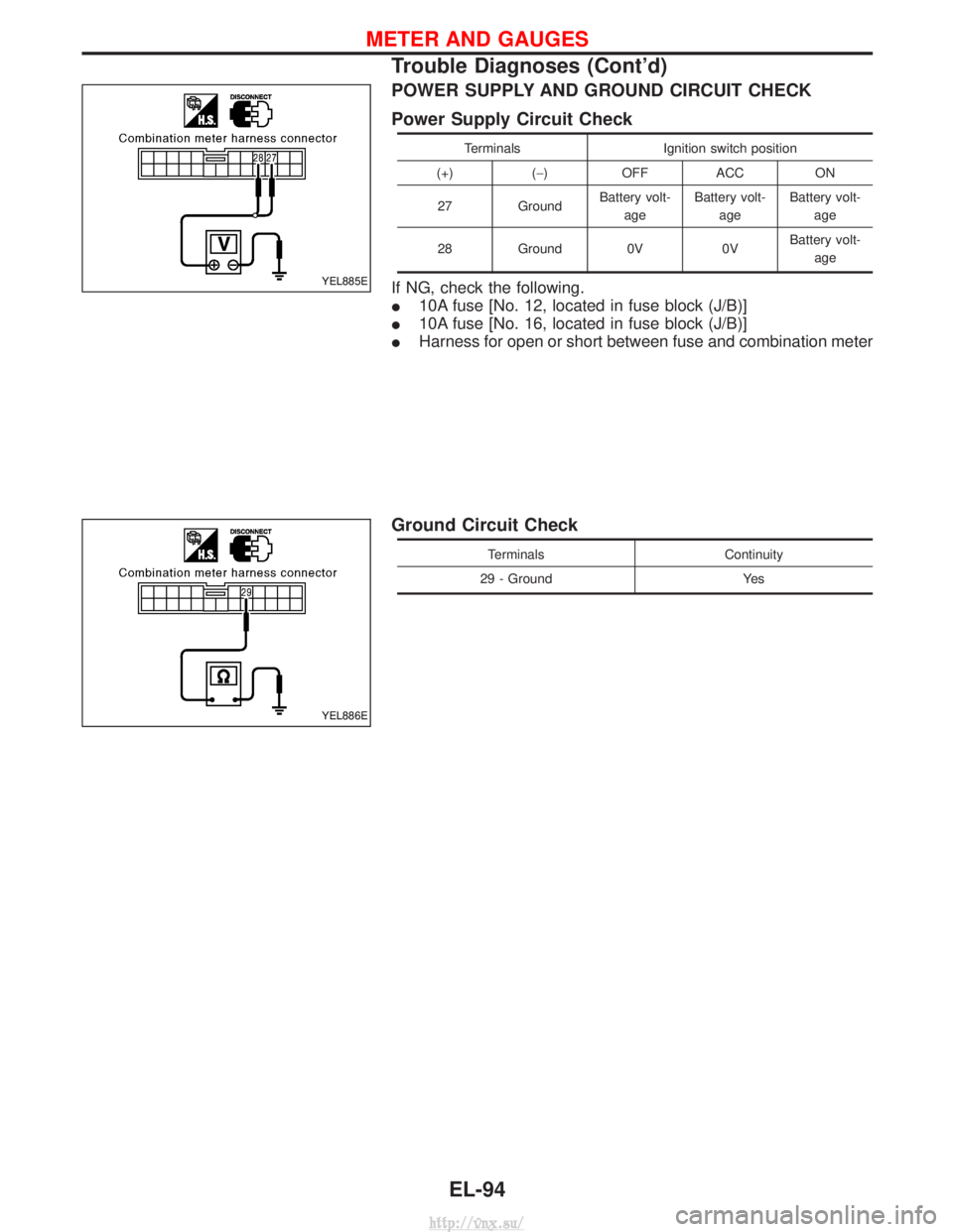 NISSAN TERRANO 2004  Service Repair Manual POWER SUPPLY AND GROUND CIRCUIT CHECK
Power Supply Circuit Check
TerminalsIgnition switch position
(+) (-) OFF ACC ON
27 Ground Battery volt-
age Battery volt-
age Battery volt-
age
28 Ground 0V 0V Ba