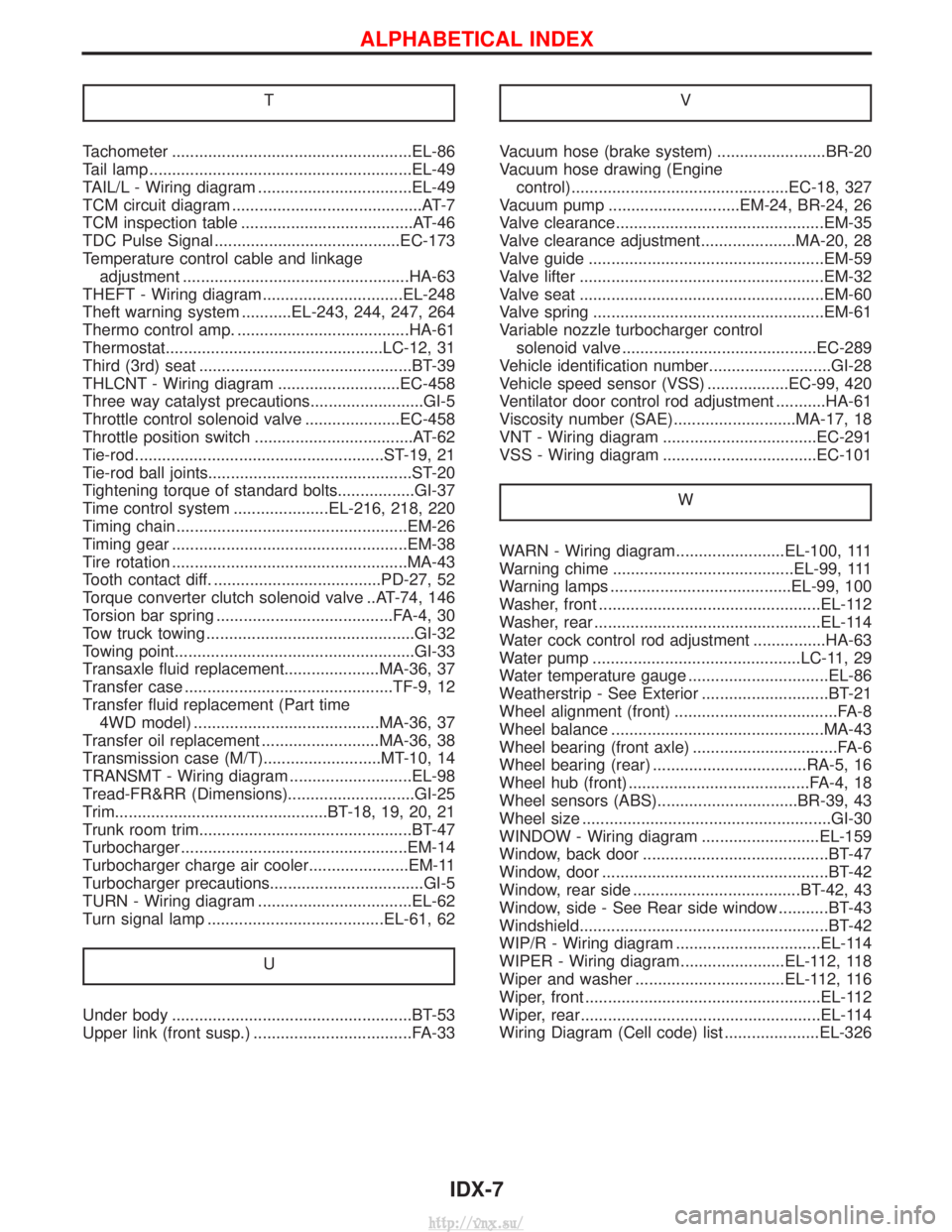 NISSAN TERRANO 2004 Service Repair Manual T
Tachometer .....................................................EL-86
Tail lamp ..........................................................EL-49
TAIL/L - Wiring diagram .............................. NISSAN TERRANO 2004 Service Repair Manual T
Tachometer .....................................................EL-86
Tail lamp ..........................................................EL-49
TAIL/L - Wiring diagram ..............................