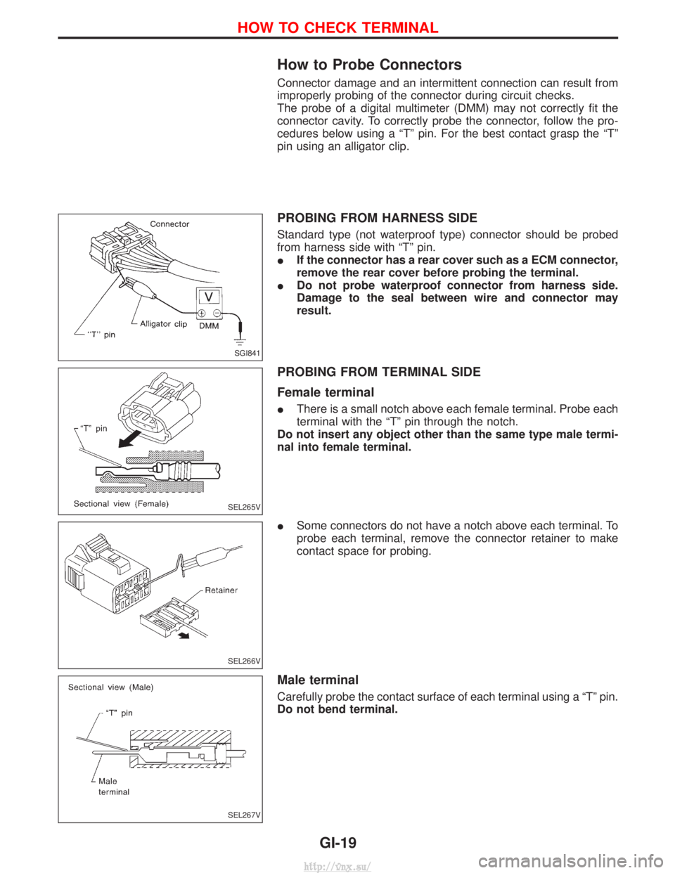 NISSAN TERRANO 2004 Service Repair Manual How to Probe Connectors
Connector damage and an intermittent connection can result from
improperly probing of the connector during circuit checks.
The probe of a digital multimeter (DMM) may not corre NISSAN TERRANO 2004 Service Repair Manual How to Probe Connectors
Connector damage and an intermittent connection can result from
improperly probing of the connector during circuit checks.
The probe of a digital multimeter (DMM) may not corre